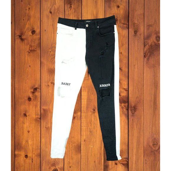 Jaffary Studio Saint Sinner Black/White Denim Jeans Sz 32 Colorblock Zip‎ Bottom